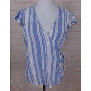 Old Navy Blue & White Striped Wrap Top With Ruffle Sleeves Womens M Linen Blend